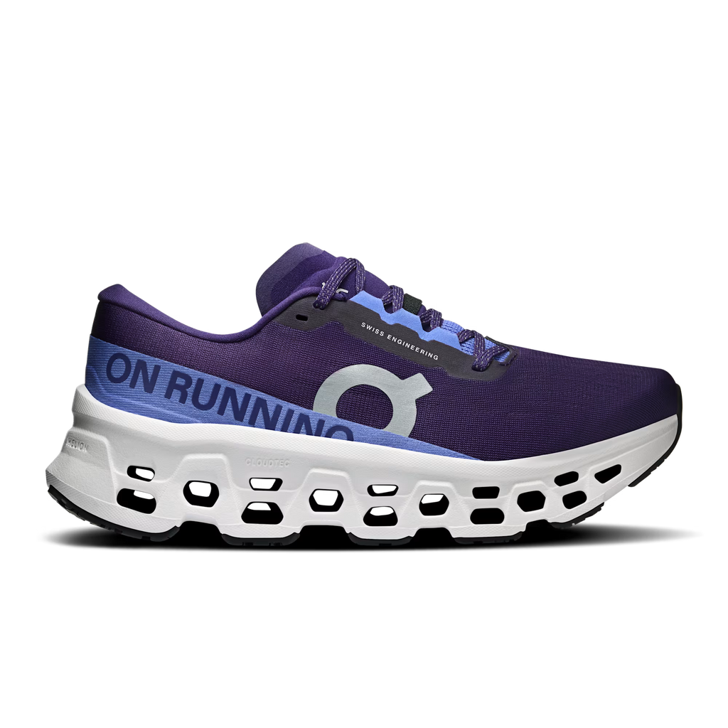 Purple running shoe with white sole on a transparent background