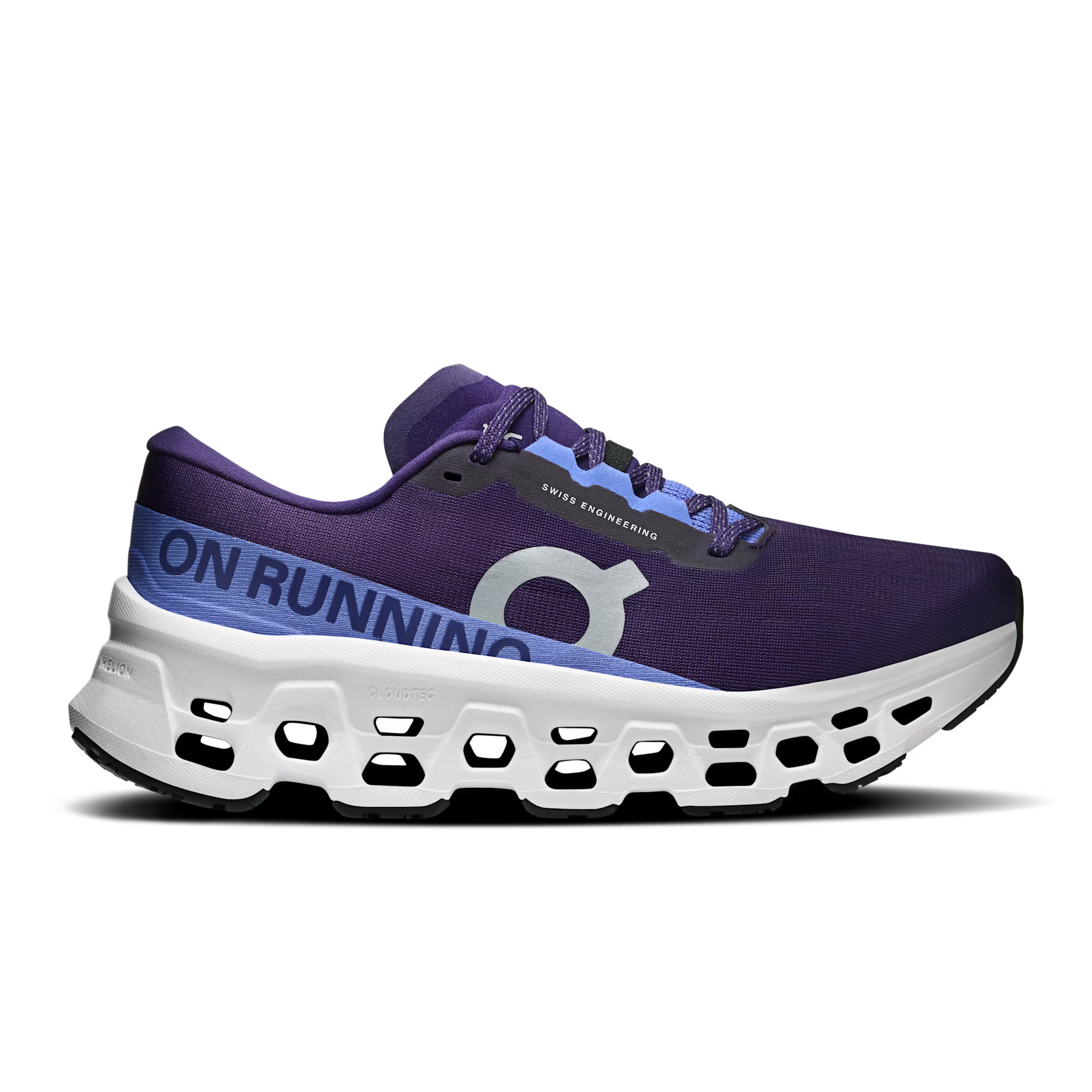Purple running shoe with white sole on a transparent background