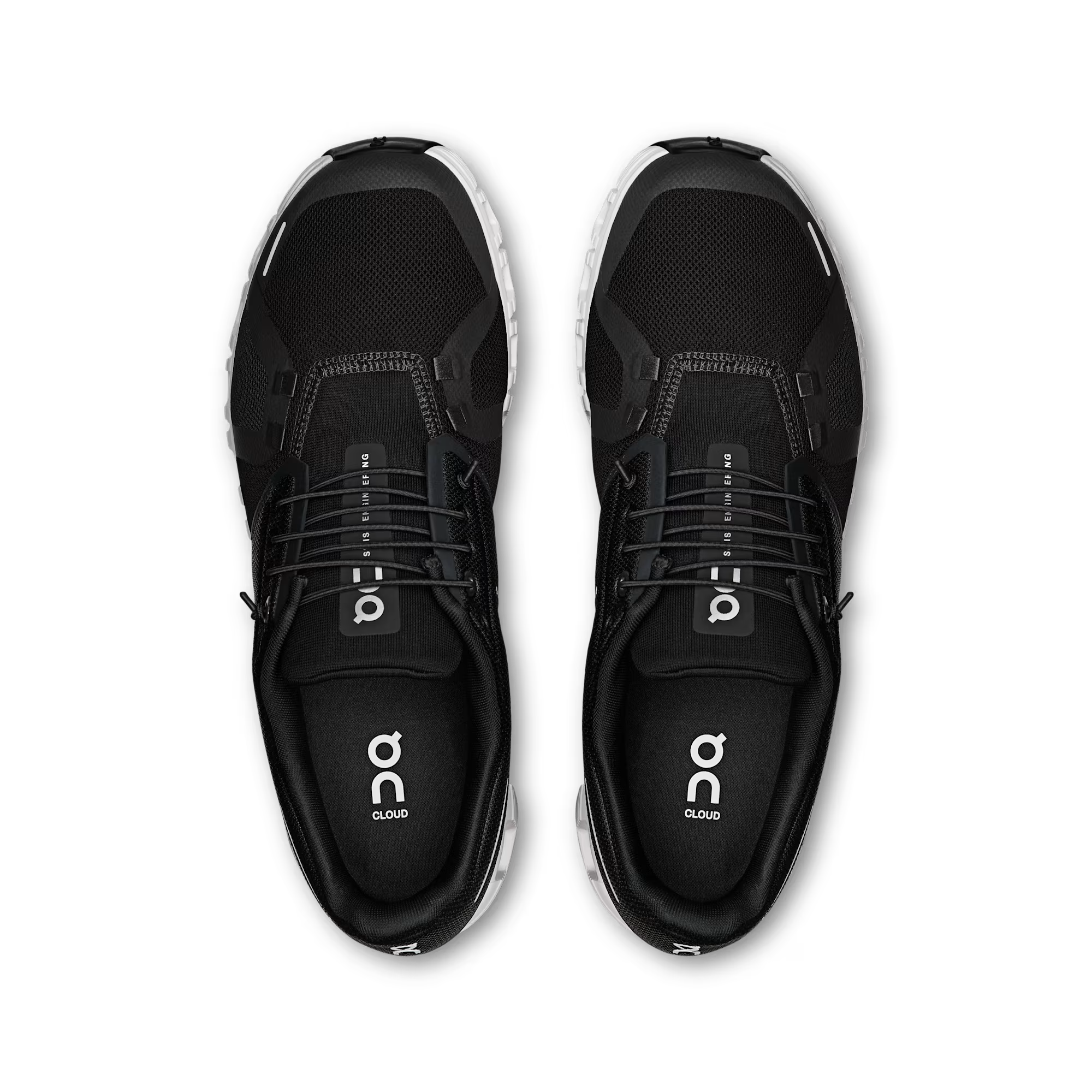 Black running shoes with 'on' branding on a transparent background