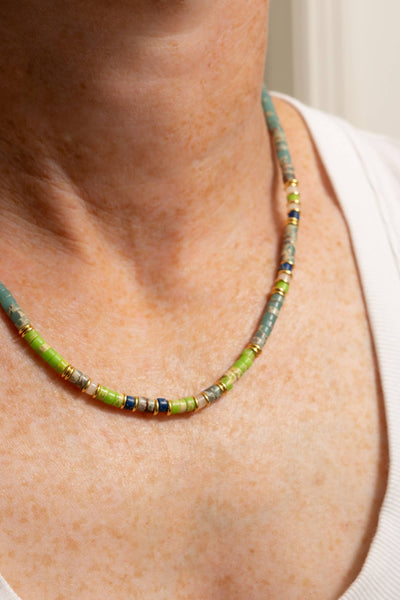 Rondelle Beaded Necklace | TQ/Green Jasper, Adjustable