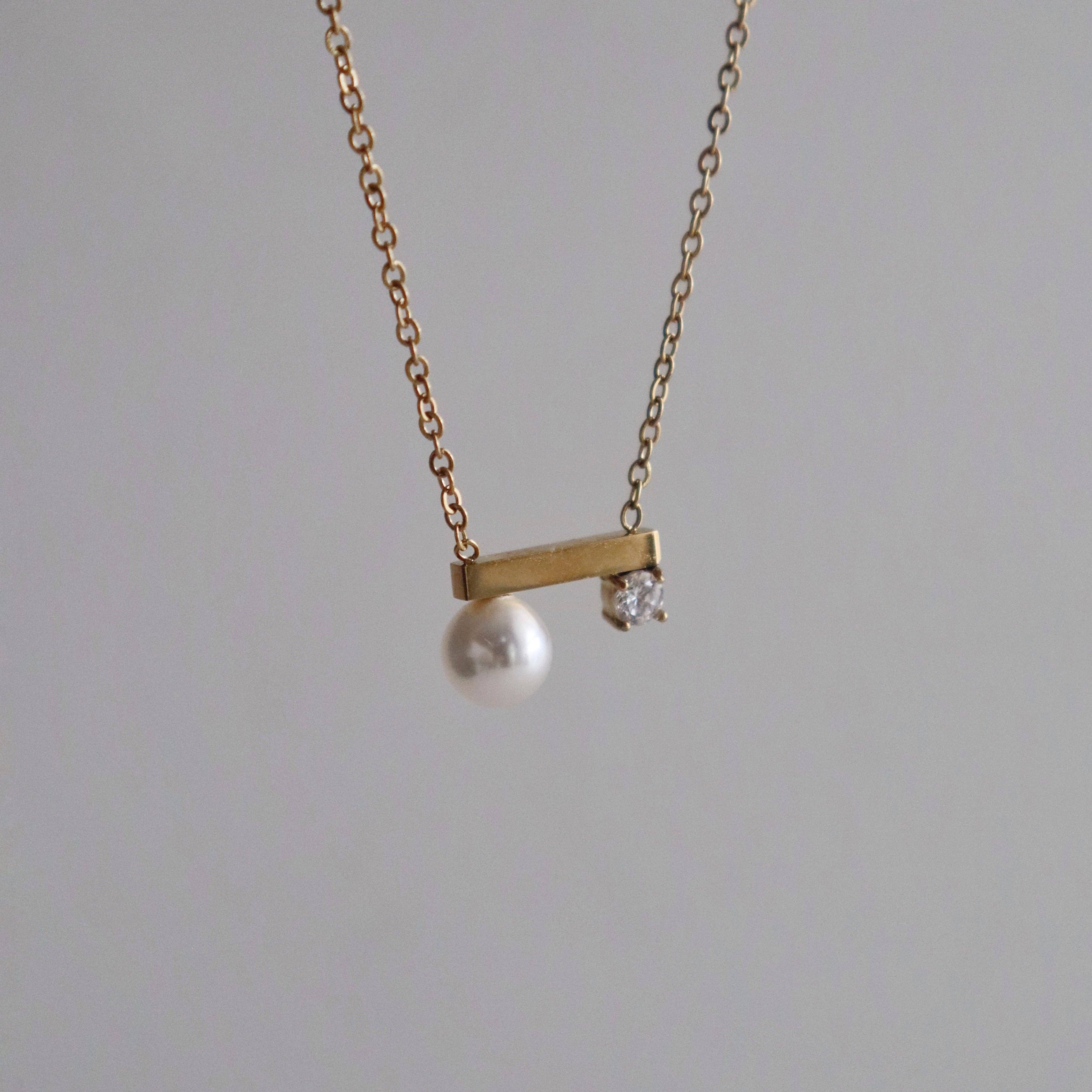 Pearl and CZ Bar Necklace