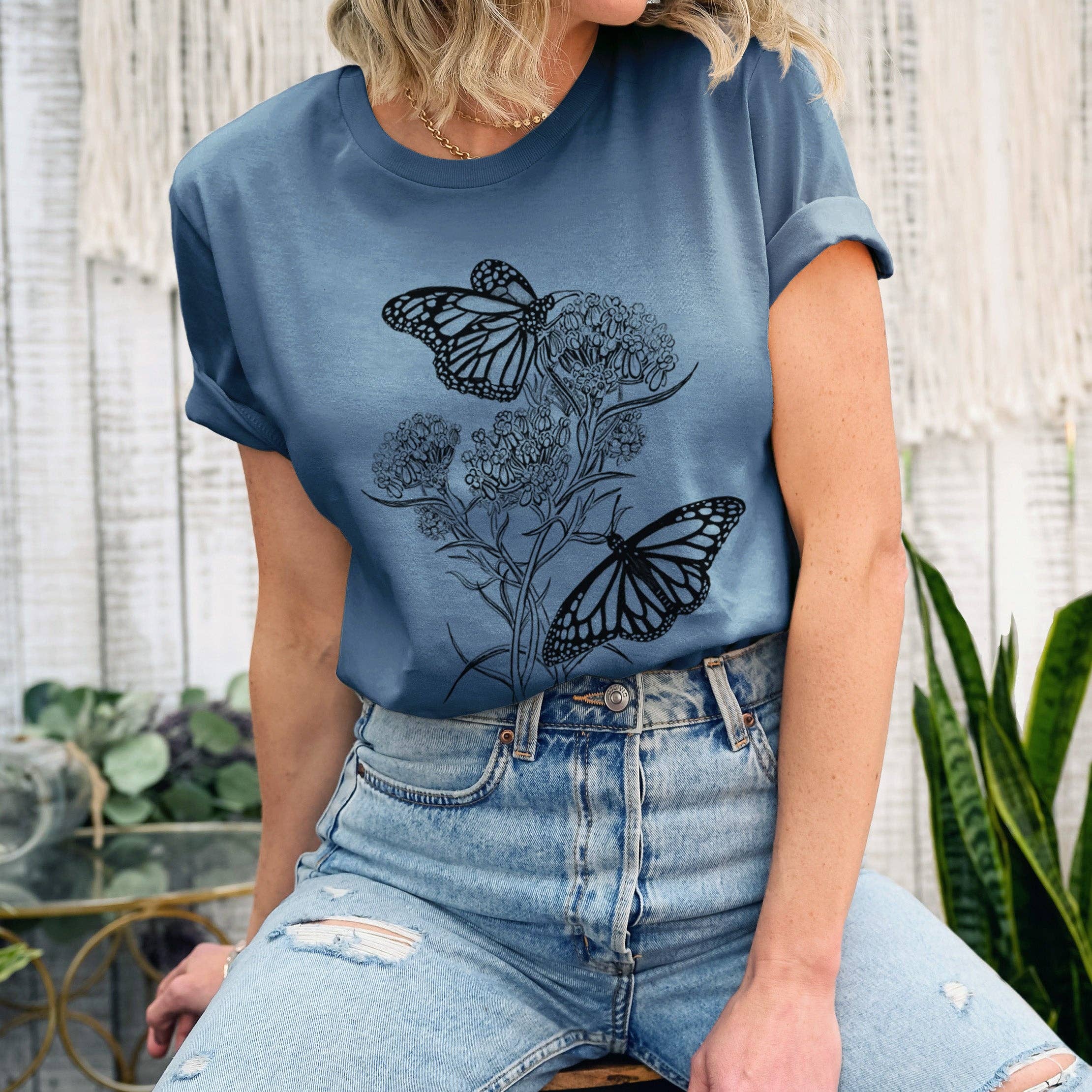 Because Tees - Narrowleaf Milkweed with Monarchs - Lightweight 100% Cotton Unisex Crewneck
