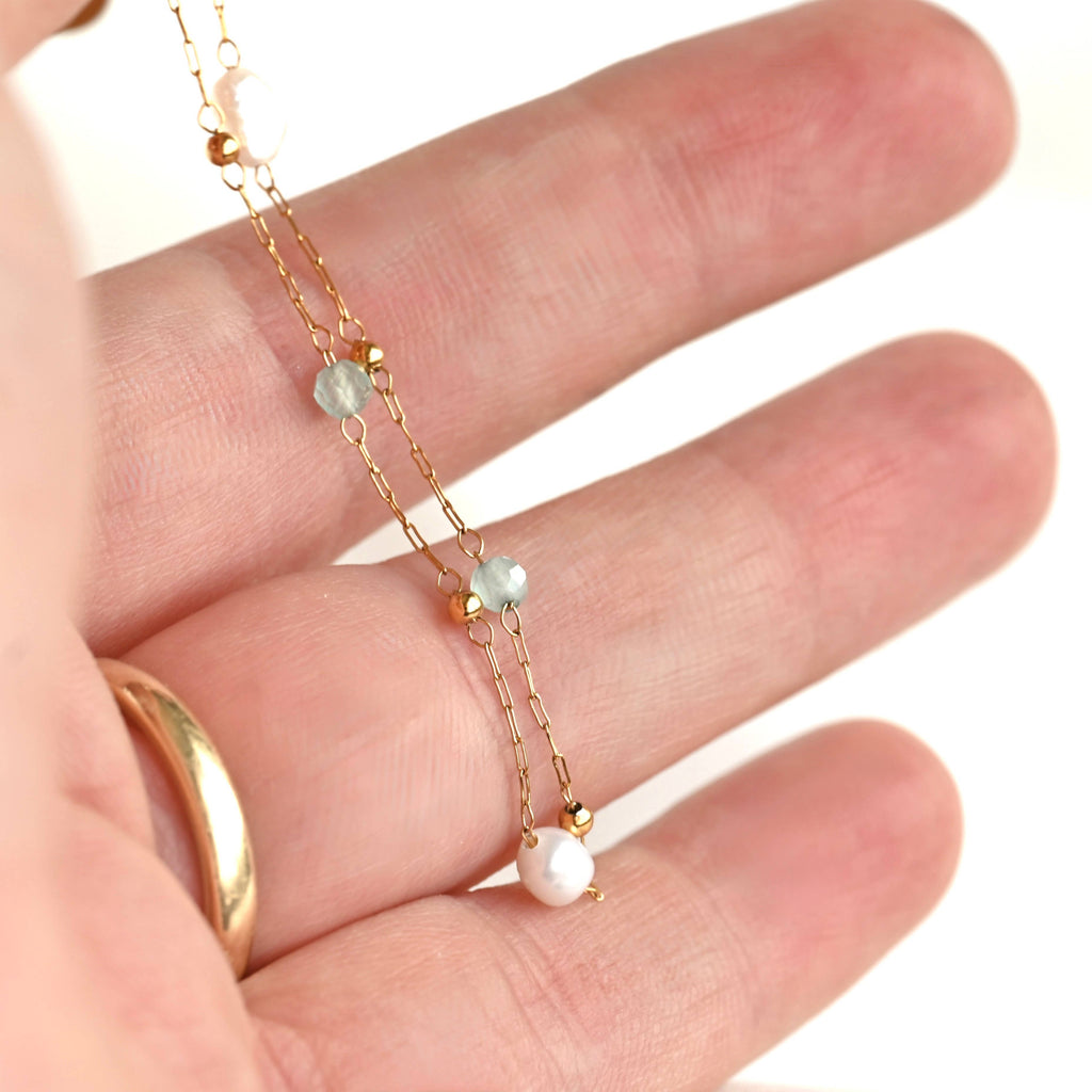 Blueyejewelry - Sage Beaded Freshwater Pearl Bracelet -  Stainless Steel