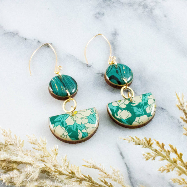 Teal Dogwood Floral Half Circle Earrings