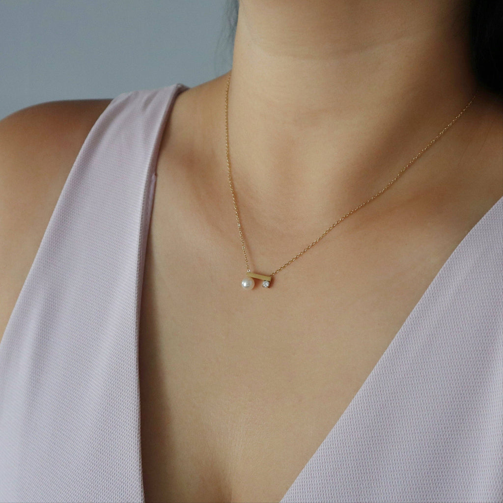 Pearl and CZ Bar Necklace