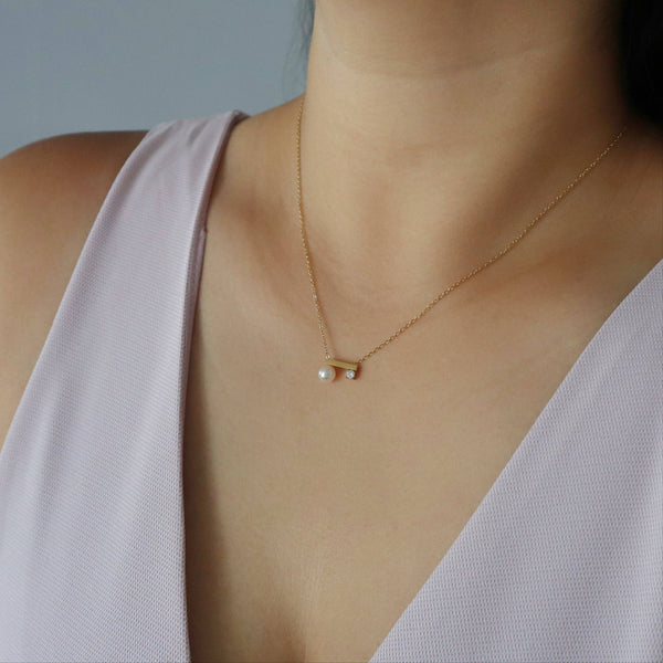 Pearl and CZ Bar Necklace