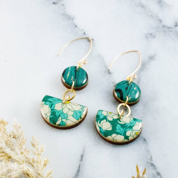 Teal Dogwood Floral Half Circle Earrings