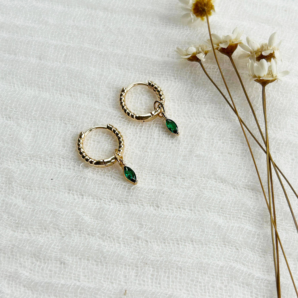 KARA | TOZER - Gold Braided Emerald Charm Hoops
