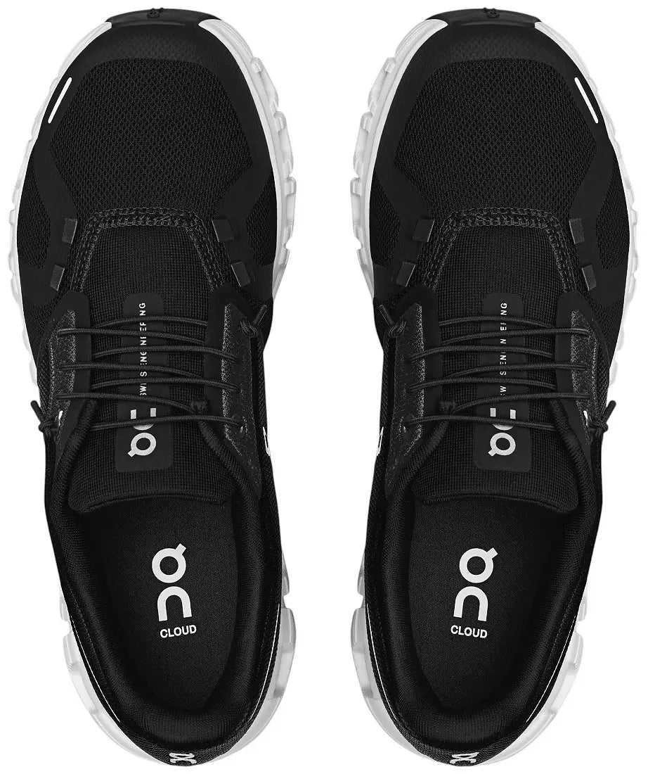 A pair of black On Cloud running shoes shown from a top-down view against a solid white background.