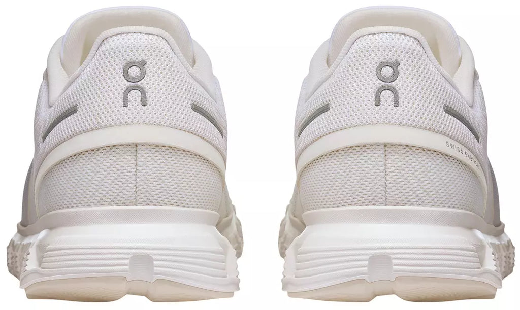A pair of white On running shoes shown from the rear, featuring the brand's 'on' logo on the heel counter and a thick, cushioned sole.