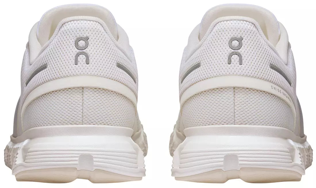 A pair of white On running shoes shown from the rear, featuring the brand's 'on' logo on the heel counter and a thick, cushioned sole.
