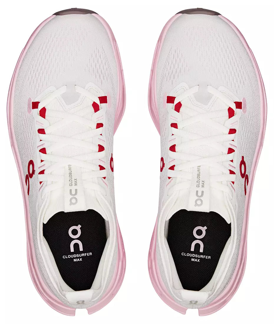 White running shoes with pink accents and 'On' branding on a white background