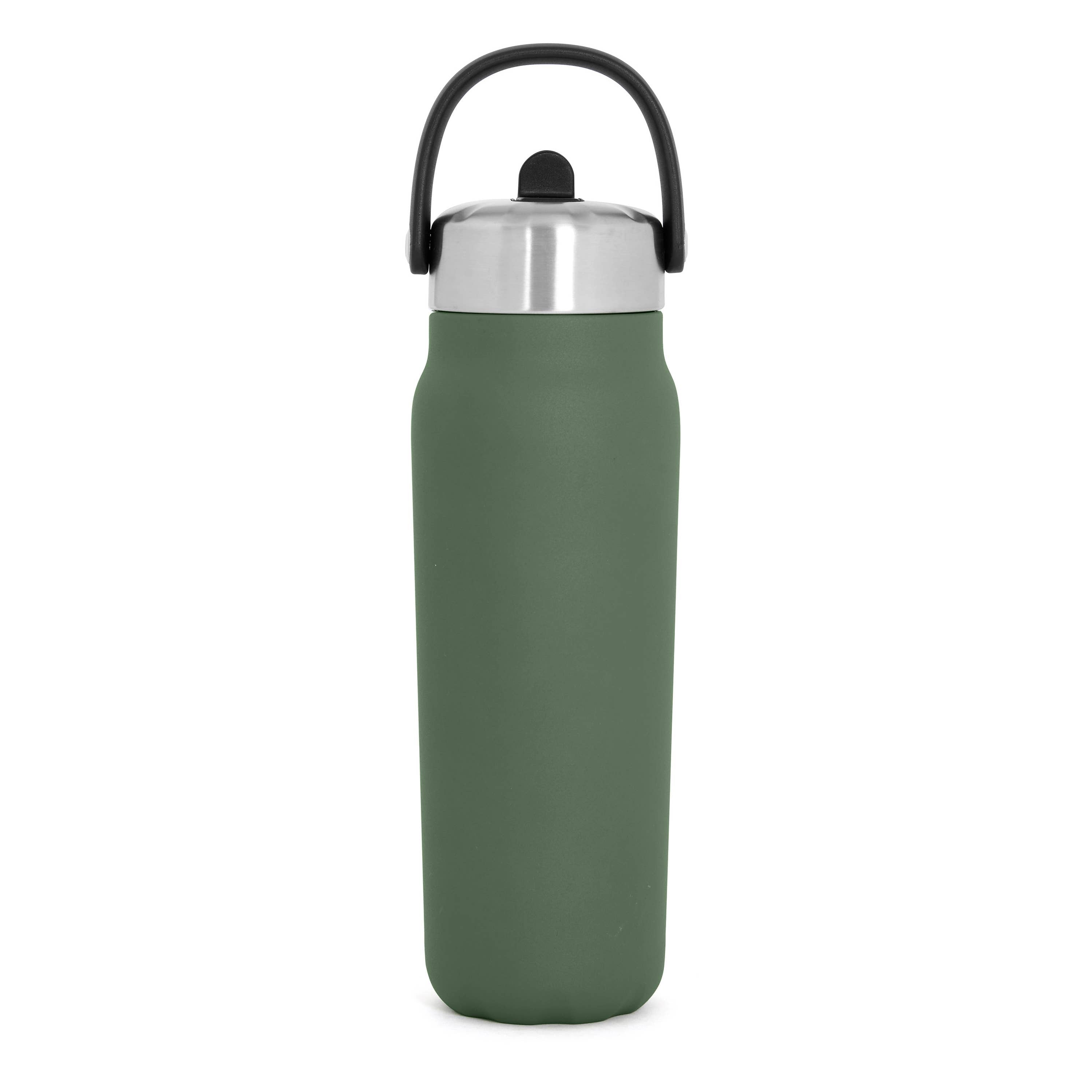 Green water bottle with black lid on a white background