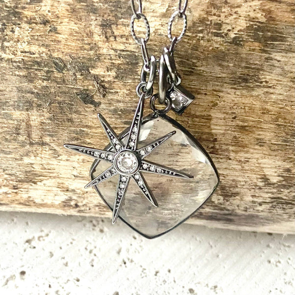 Crystal Cluster Necklace Gunmetal