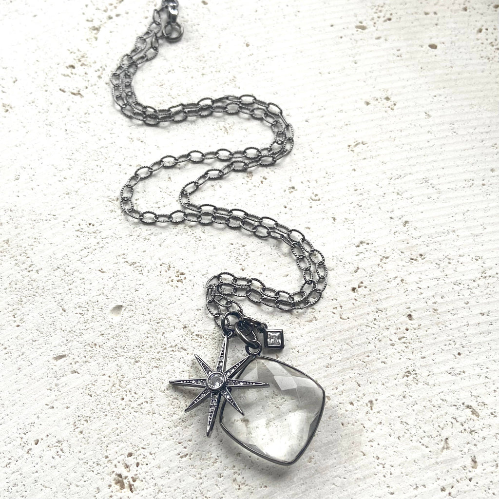 Crystal Cluster Necklace | Gunmetal Silver