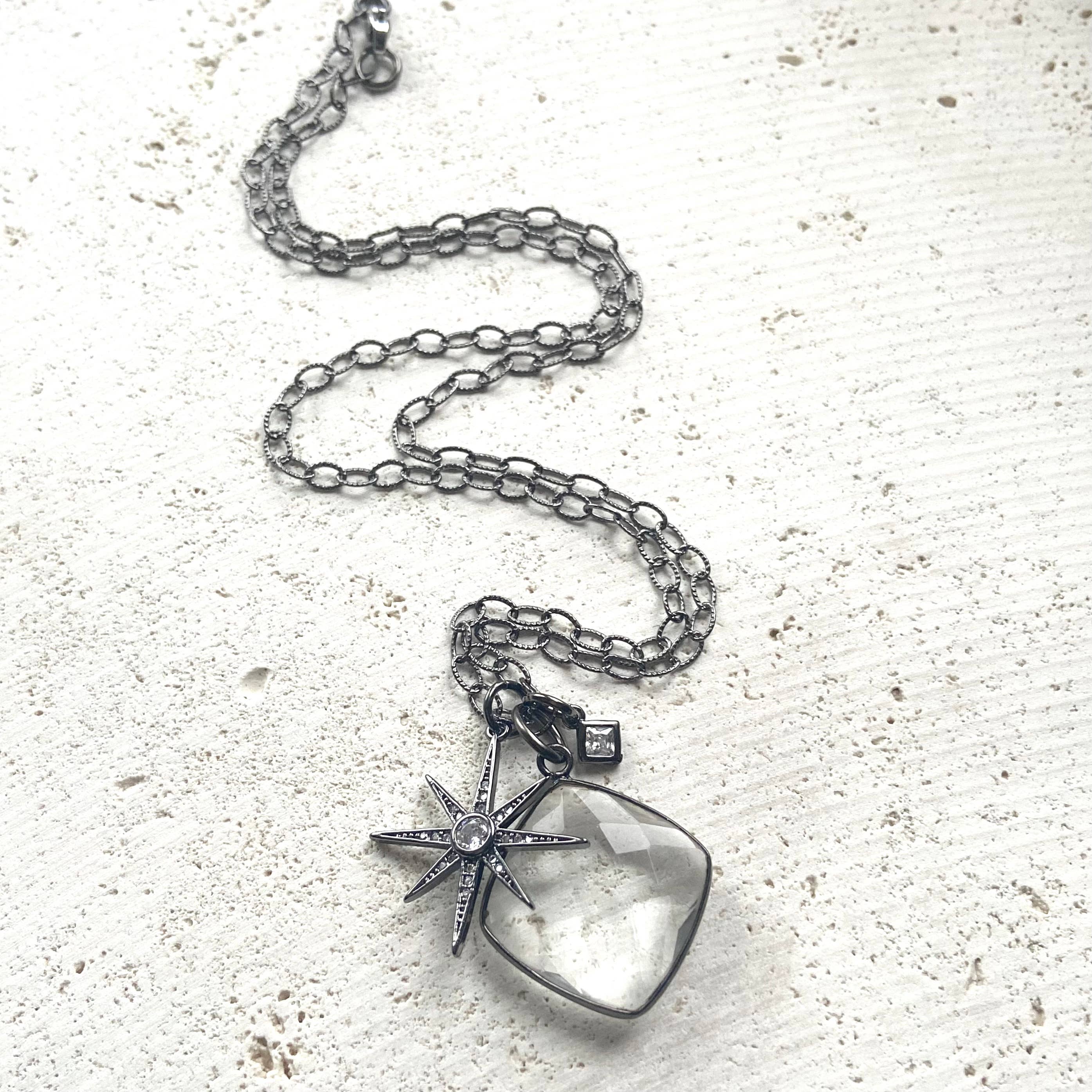 Crystal Cluster Necklace | Gunmetal Silver
