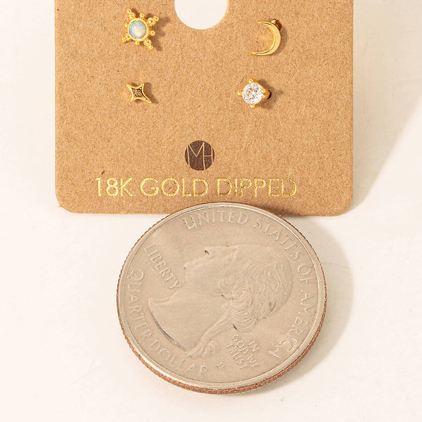 Fame Accessories - Gold Dipped 4Pc Star Moon Stud Earrings Set