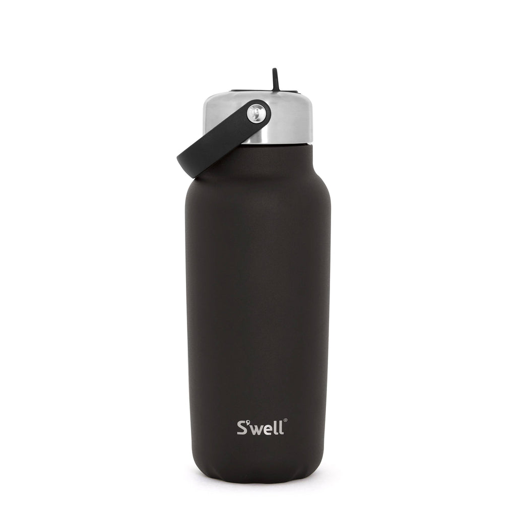 Black water bottle with silver cap on a white background