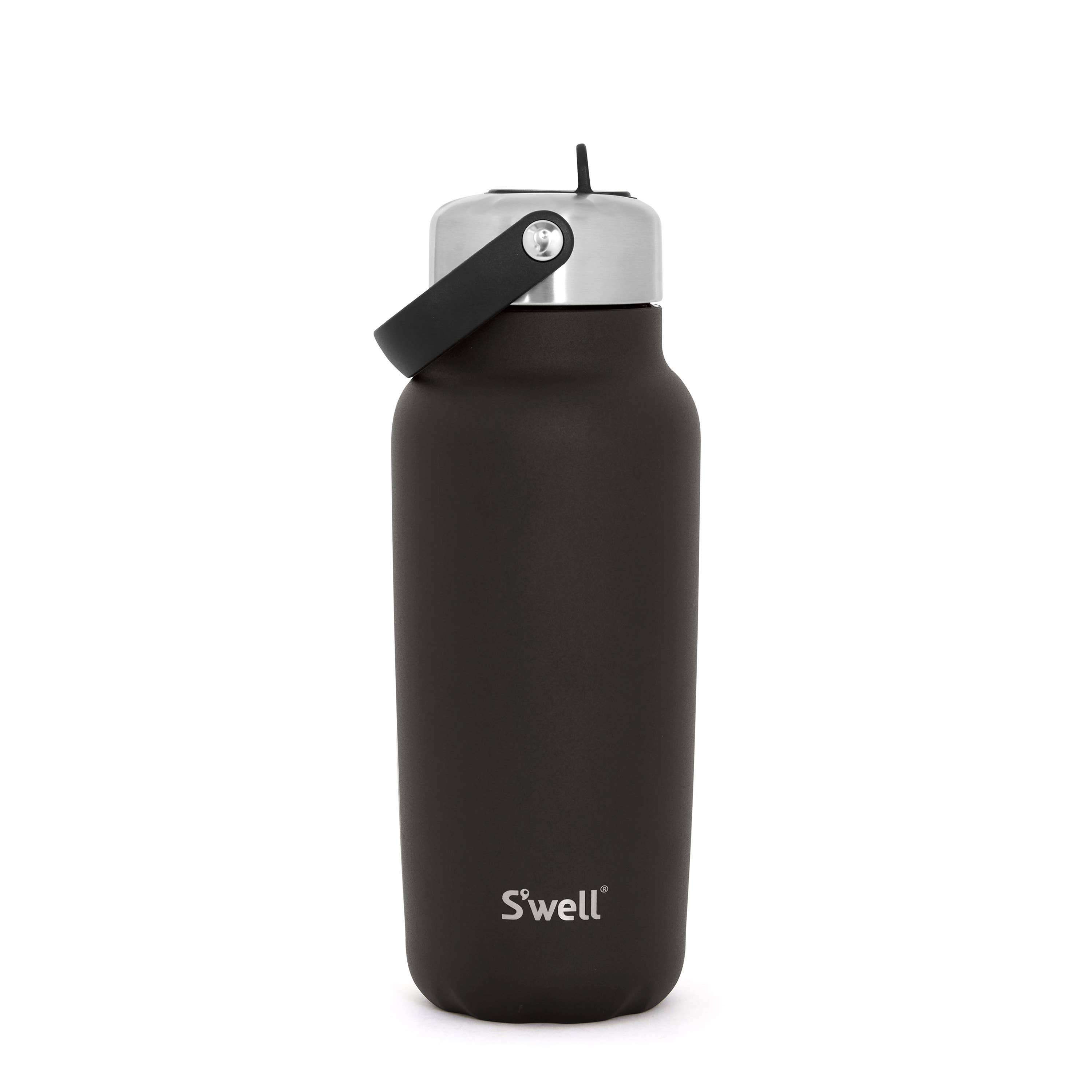 Black water bottle with silver cap on a white background