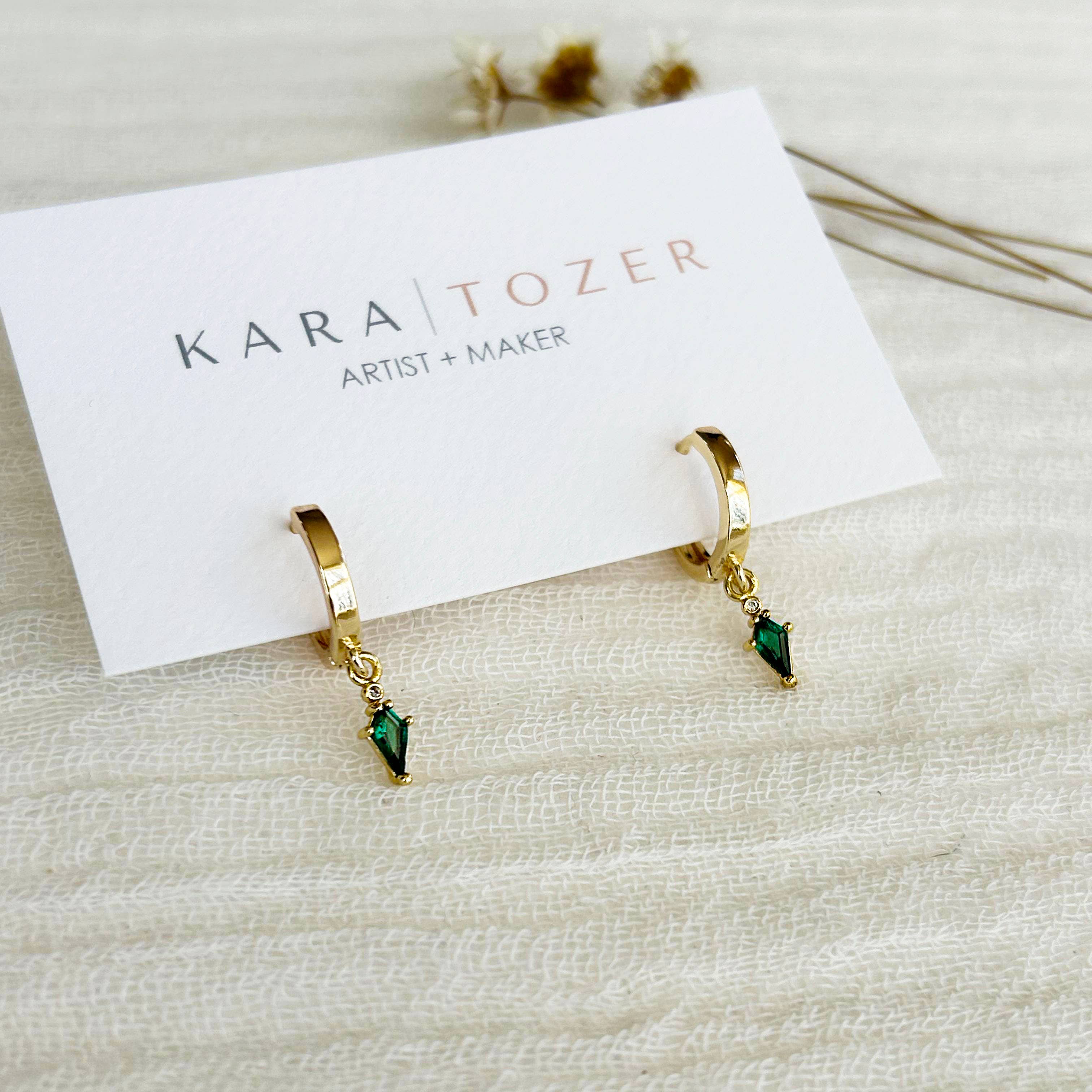 Dainty Emerald Charm Huggie Hoops