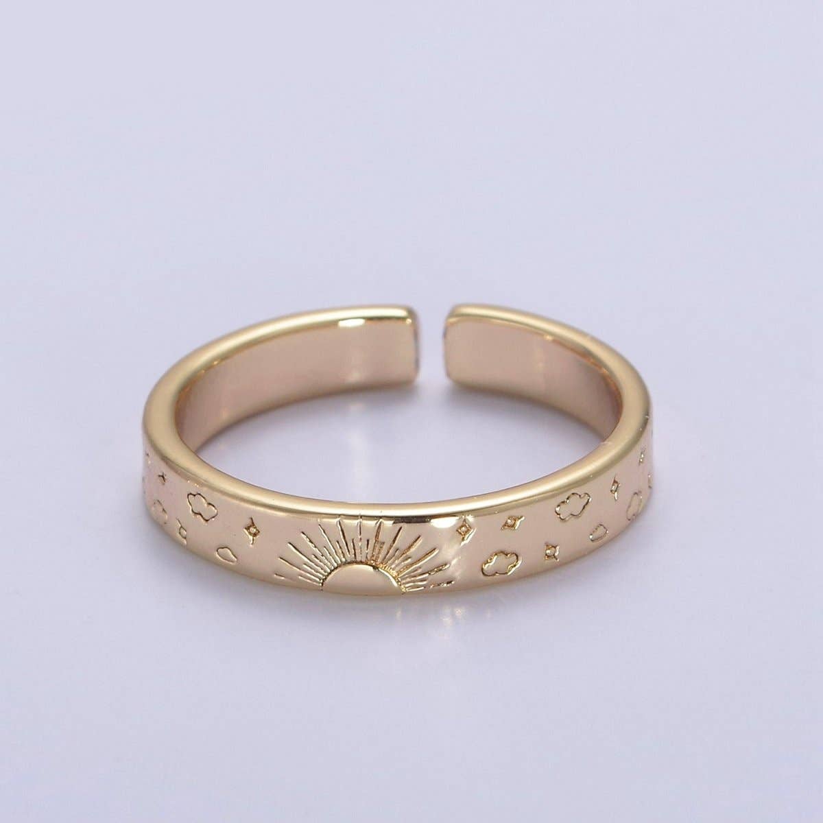 Aim Eternal - Gold Celestial Astronomy RING SET, Engraved Sun & Moon & Stars Gold Band Rings, 16K Gold Filled Adjustable Rings U-442