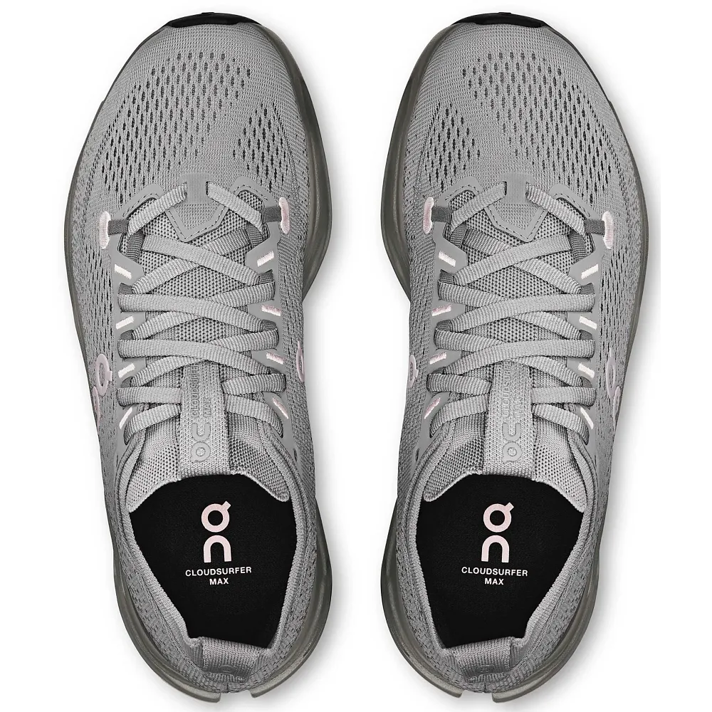 Pair of gray running shoes with 'On' branding on a white background