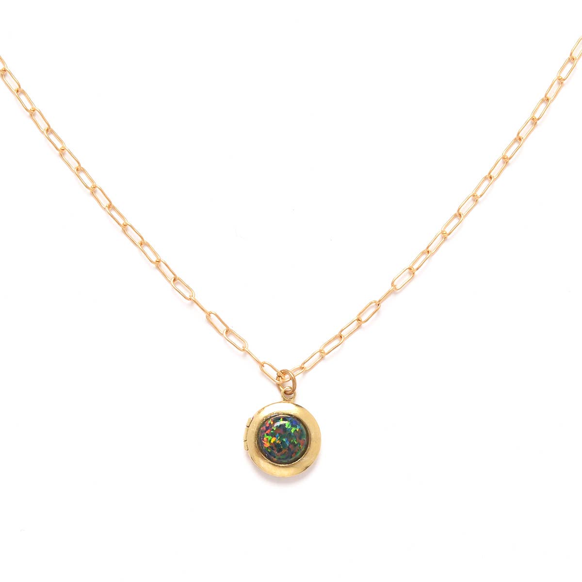 Black Opal Locket Necklace: Gold plated brass / 19"