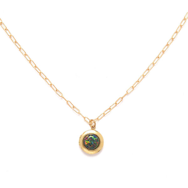 Black Opal Locket Necklace: Gold plated brass / 19"