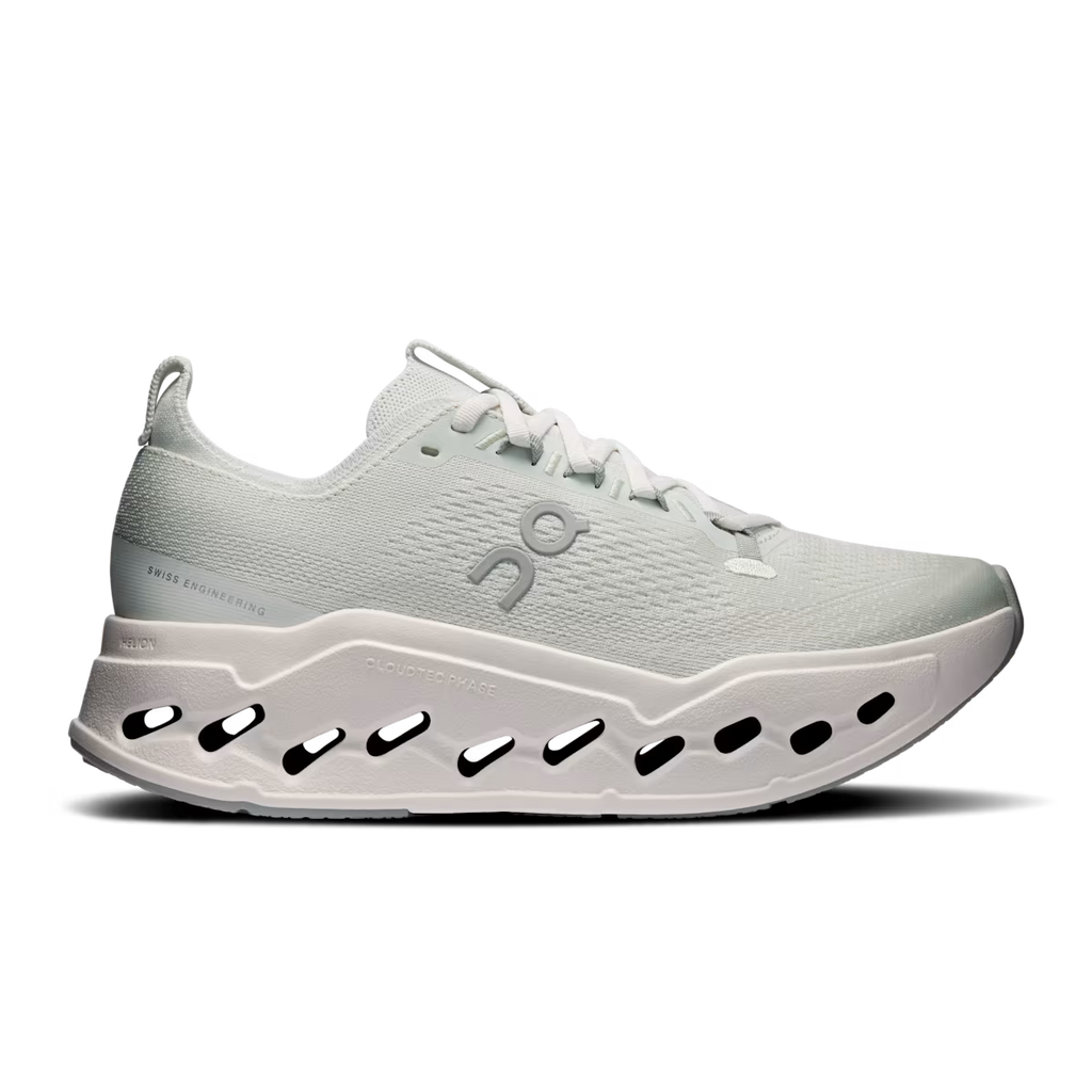 White running shoe with brand logo on a transparent background