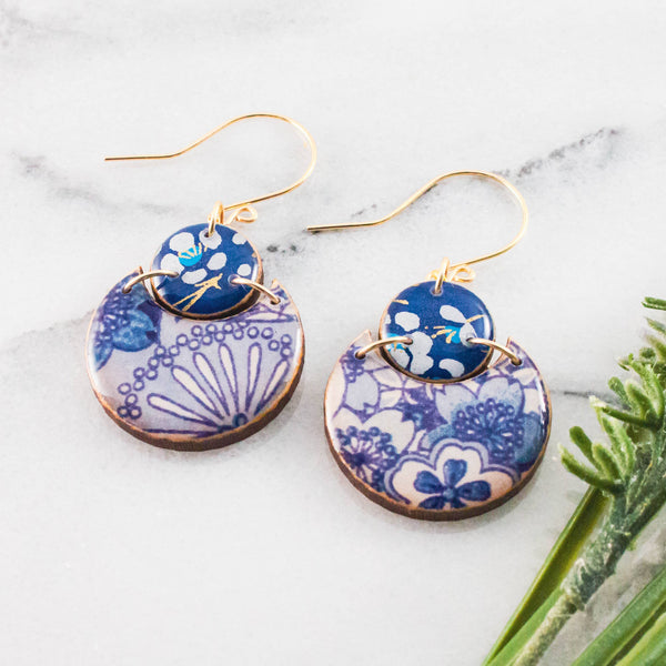 Blue Floral  Circle Earrings