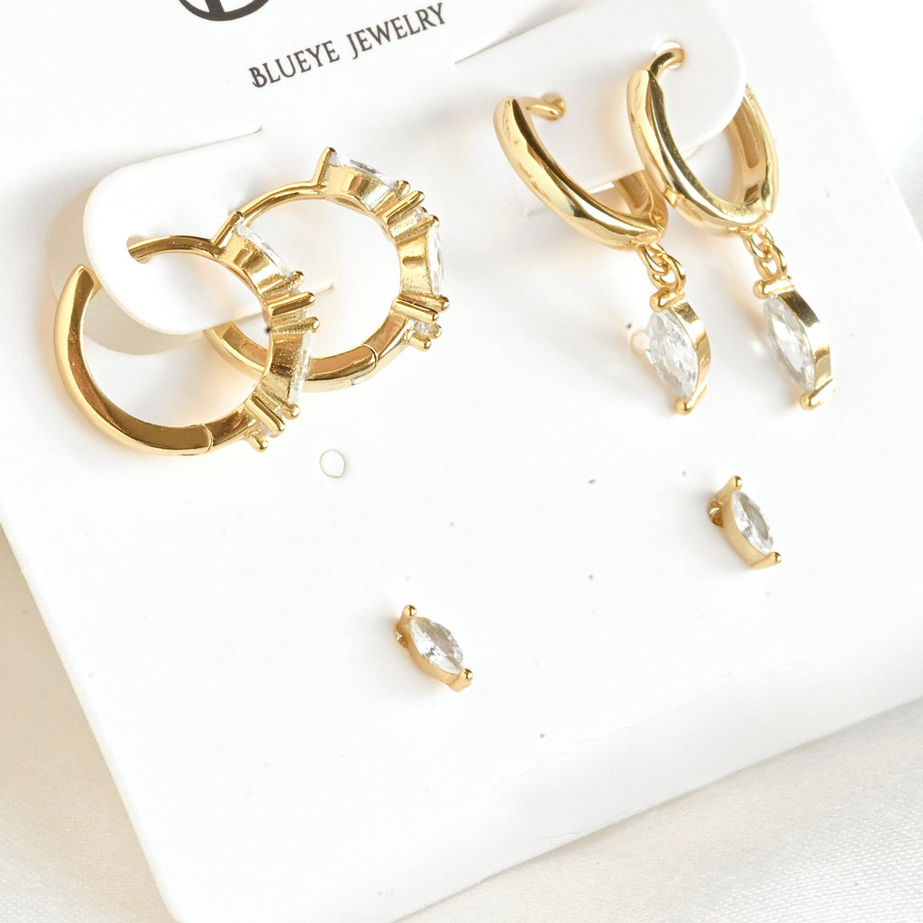 Blueyejewelry - Gold Marquise CZ Earring Set - 925 Sterling Silver