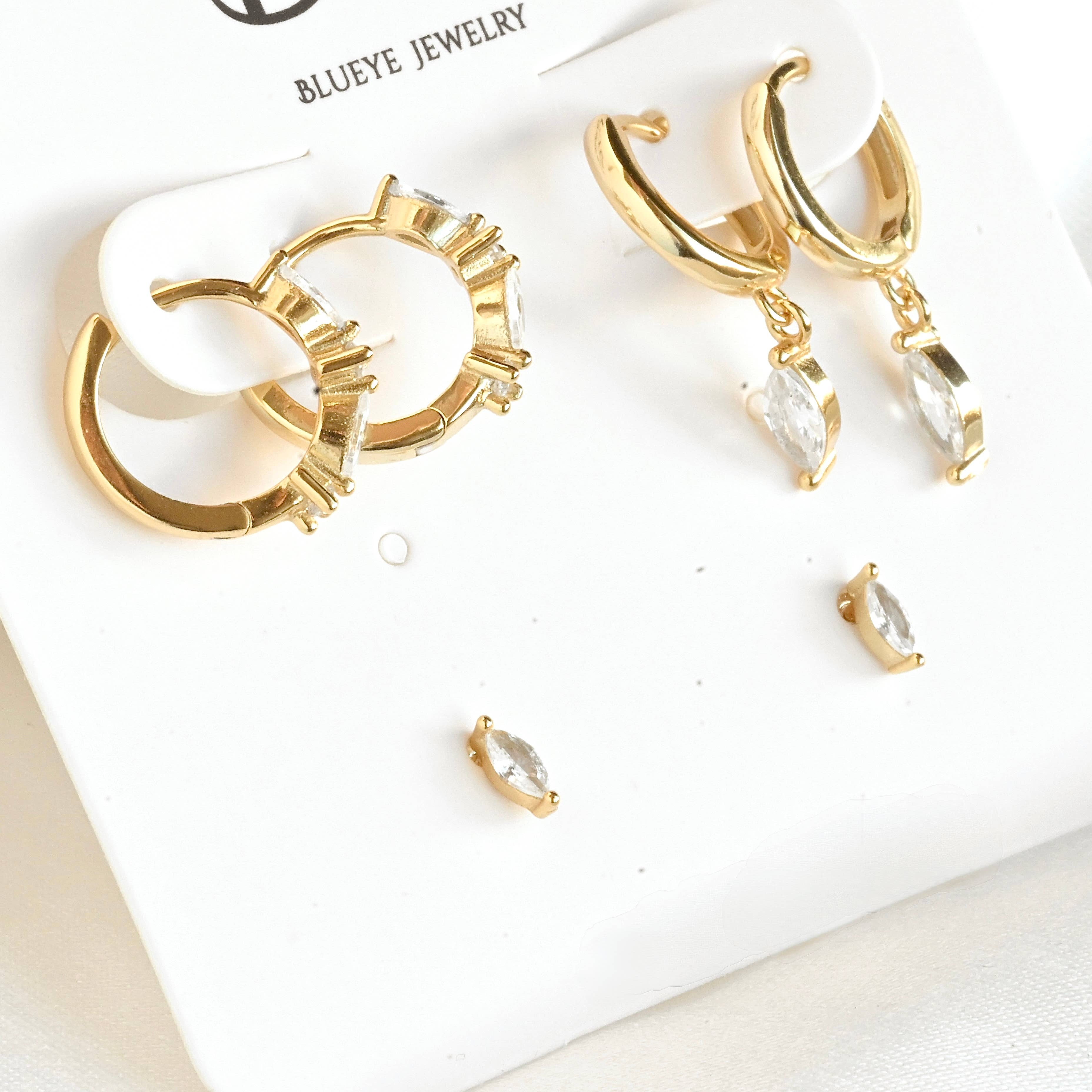 Blueyejewelry - Gold Marquise CZ Earring Set - 925 Sterling Silver