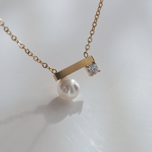Pearl and CZ Bar Necklace