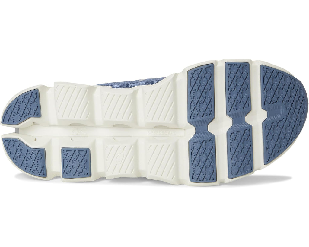 Close-up of a shoe sole with blue and white design on a white background