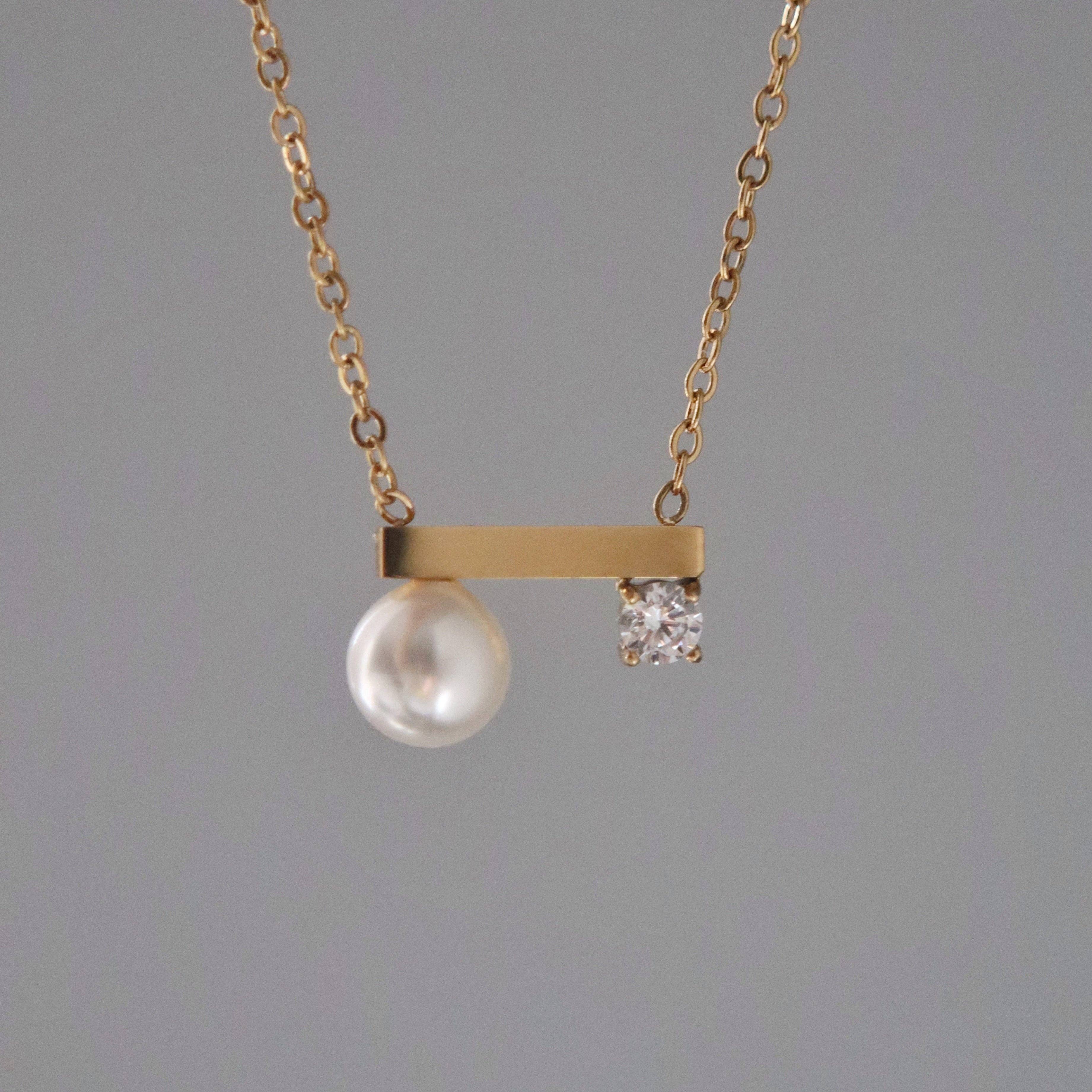 Pearl and CZ Bar Necklace