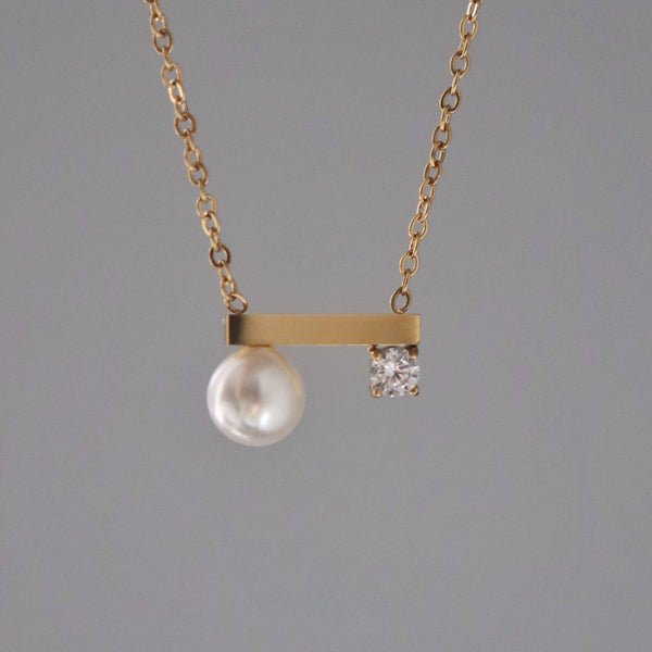 Pearl and CZ Bar Necklace