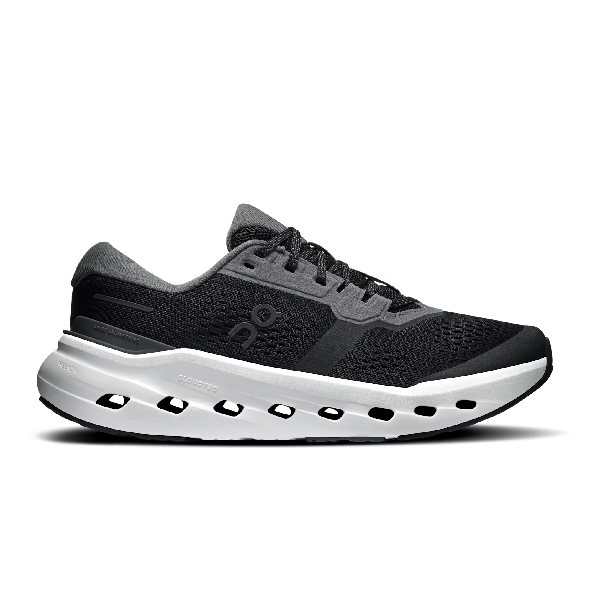Black and gray running shoe on a white background