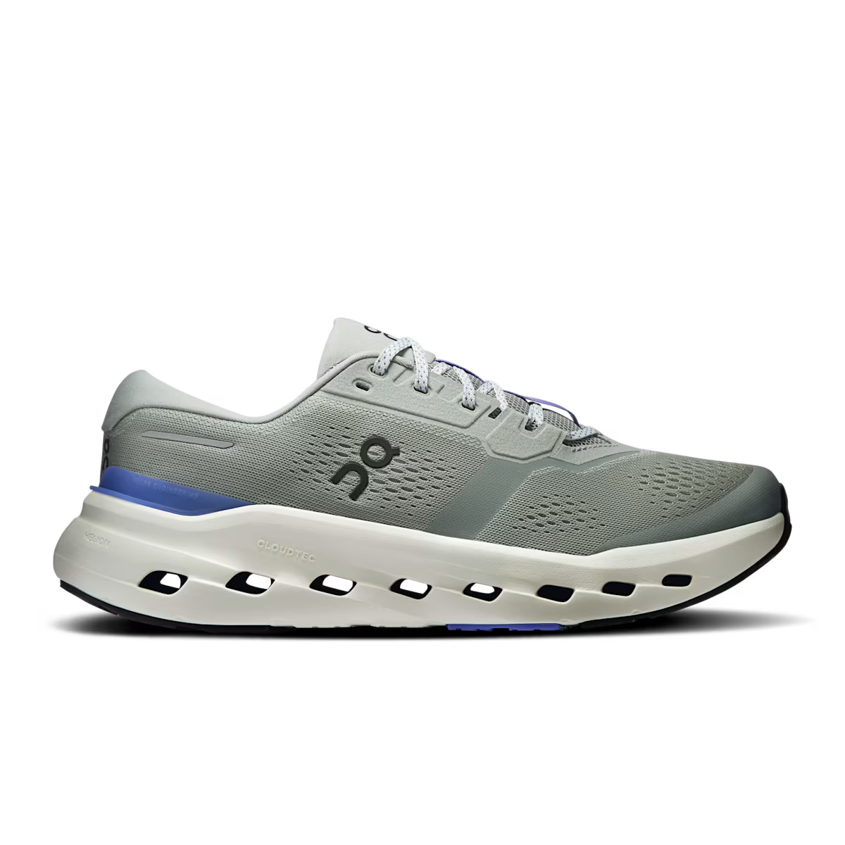 Gray running shoe with blue accent on a white background