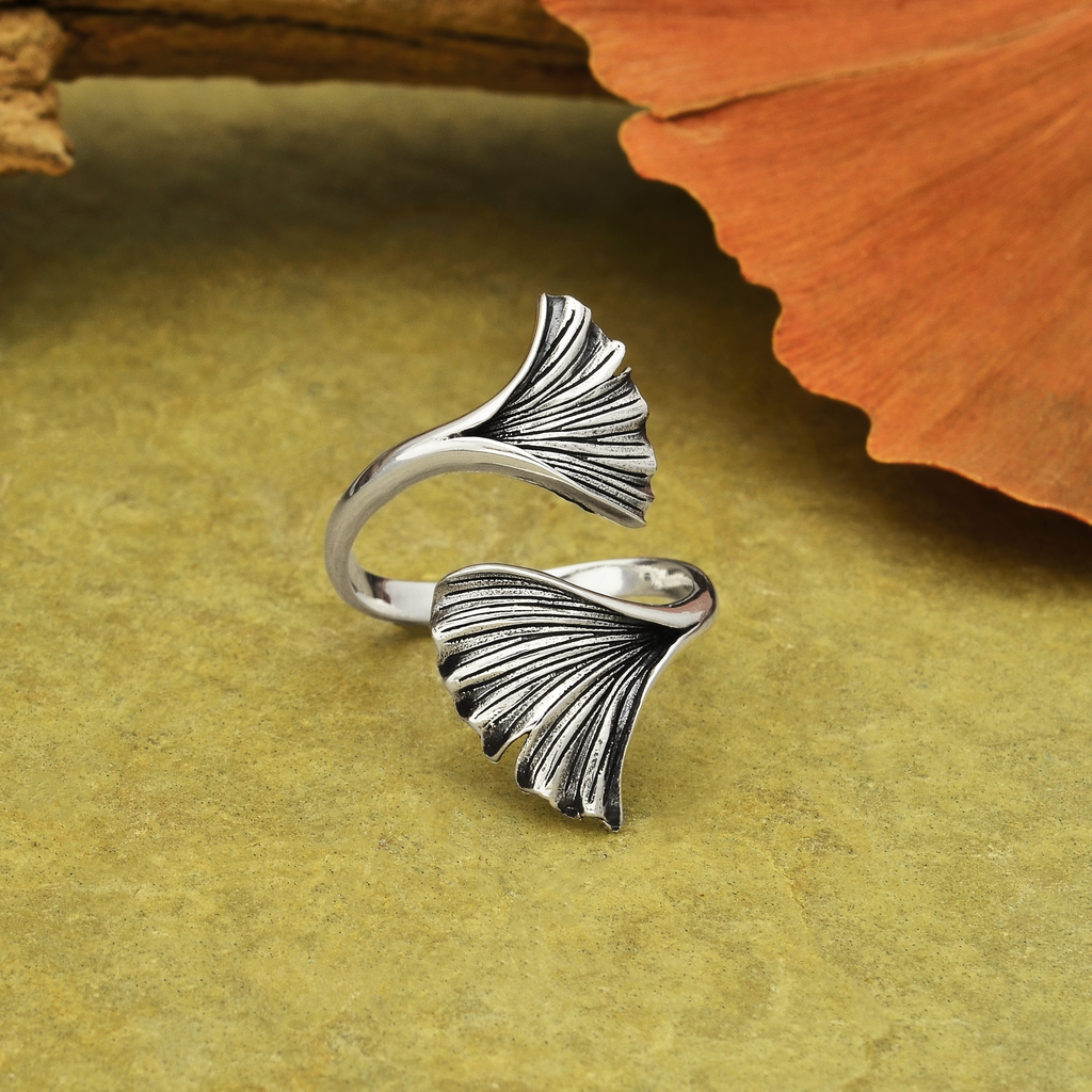 SS Adjustable Ginkgo Leaf Ring