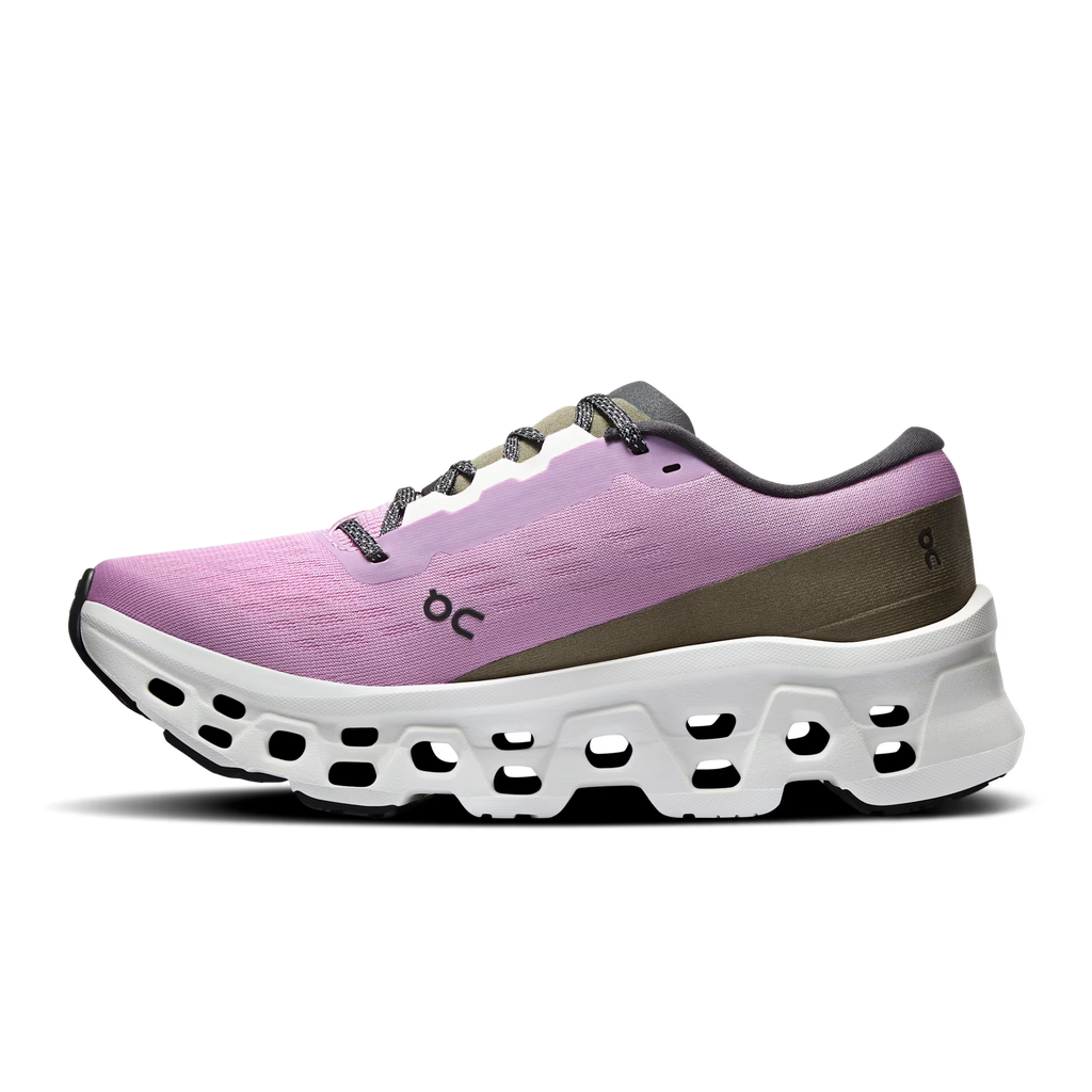 Purple running shoe with white sole on a transparent background