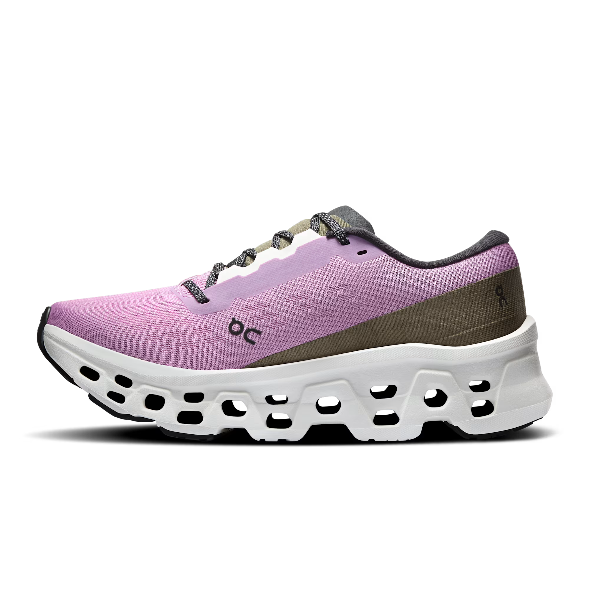 Purple running shoe with white sole on a transparent background