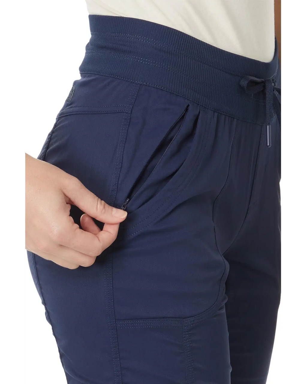 Navy blue pants with a close-up of a pocket on a white background