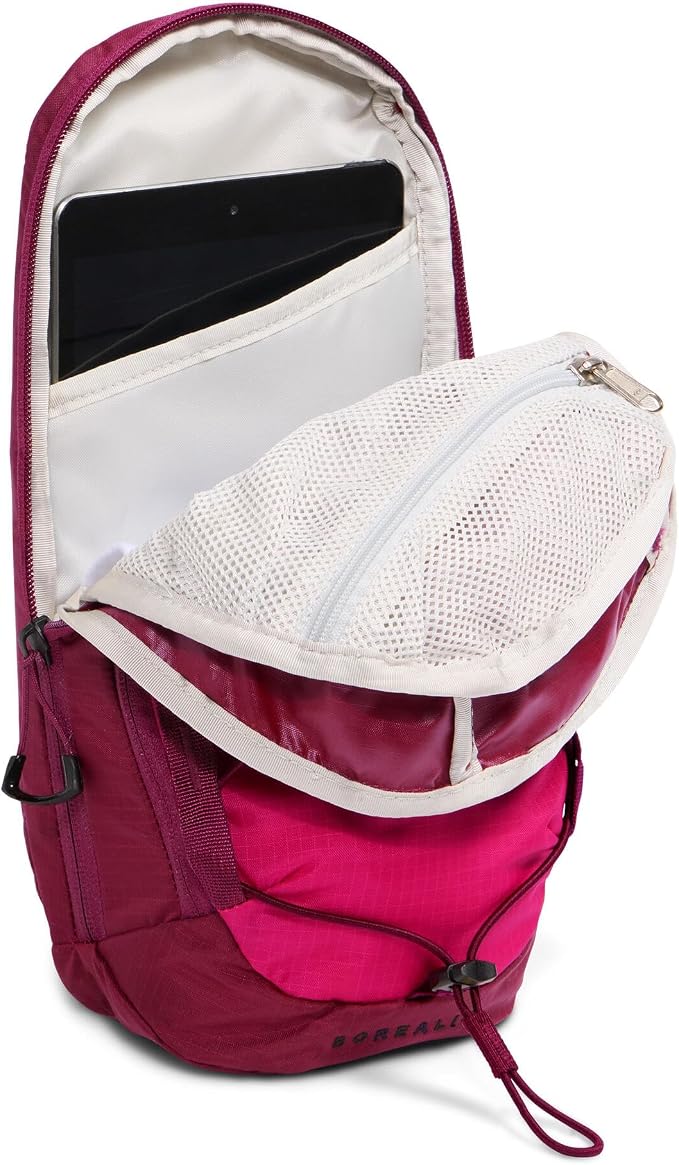 A pink and magenta backpack shown open, revealing a white mesh zippered compartment and a black tablet inside a white organizer pocket. The brand name 'BICSI' is visible in black text near the bottom right.