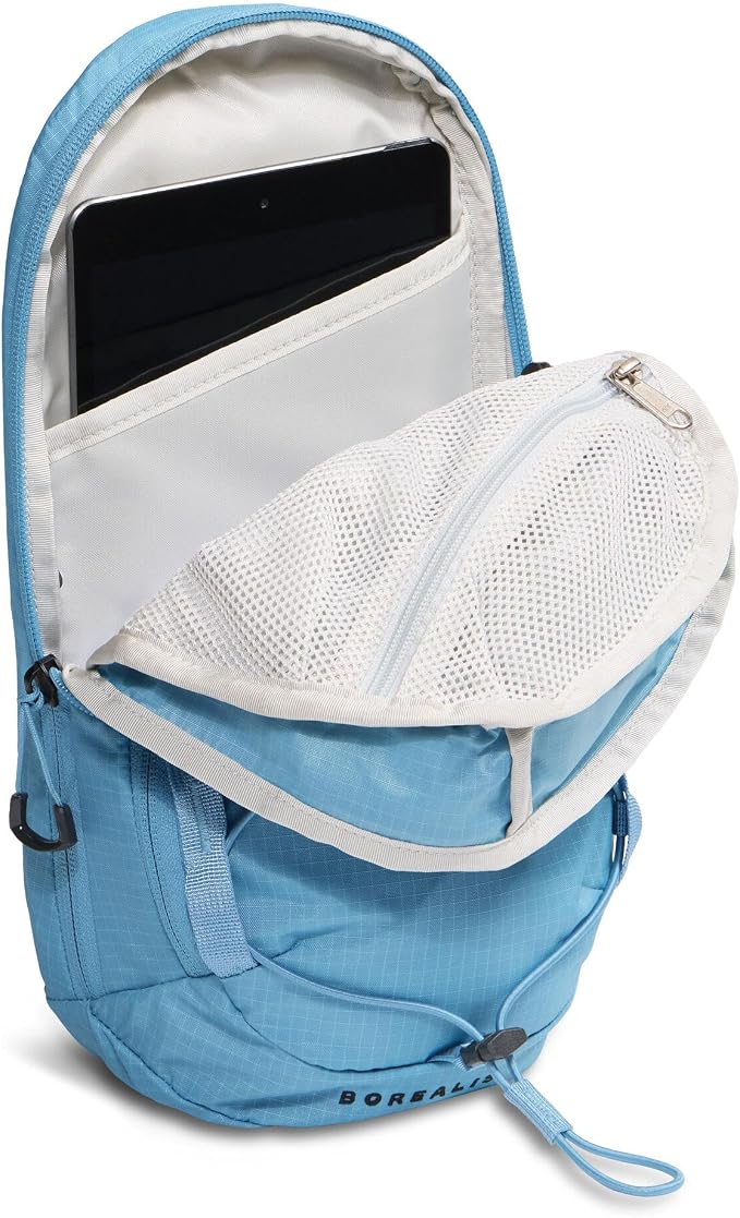 A light blue backpack shown open, revealing a white interior with a laptop compartment holding a black tablet and a mesh pocket. The brand name 'BORRASO' is printed near the bottom front.