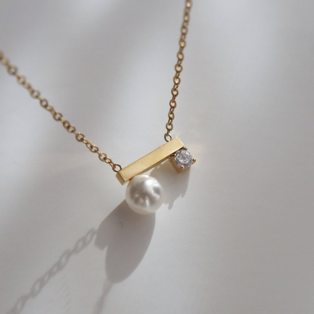 Pearl and CZ Bar Necklace