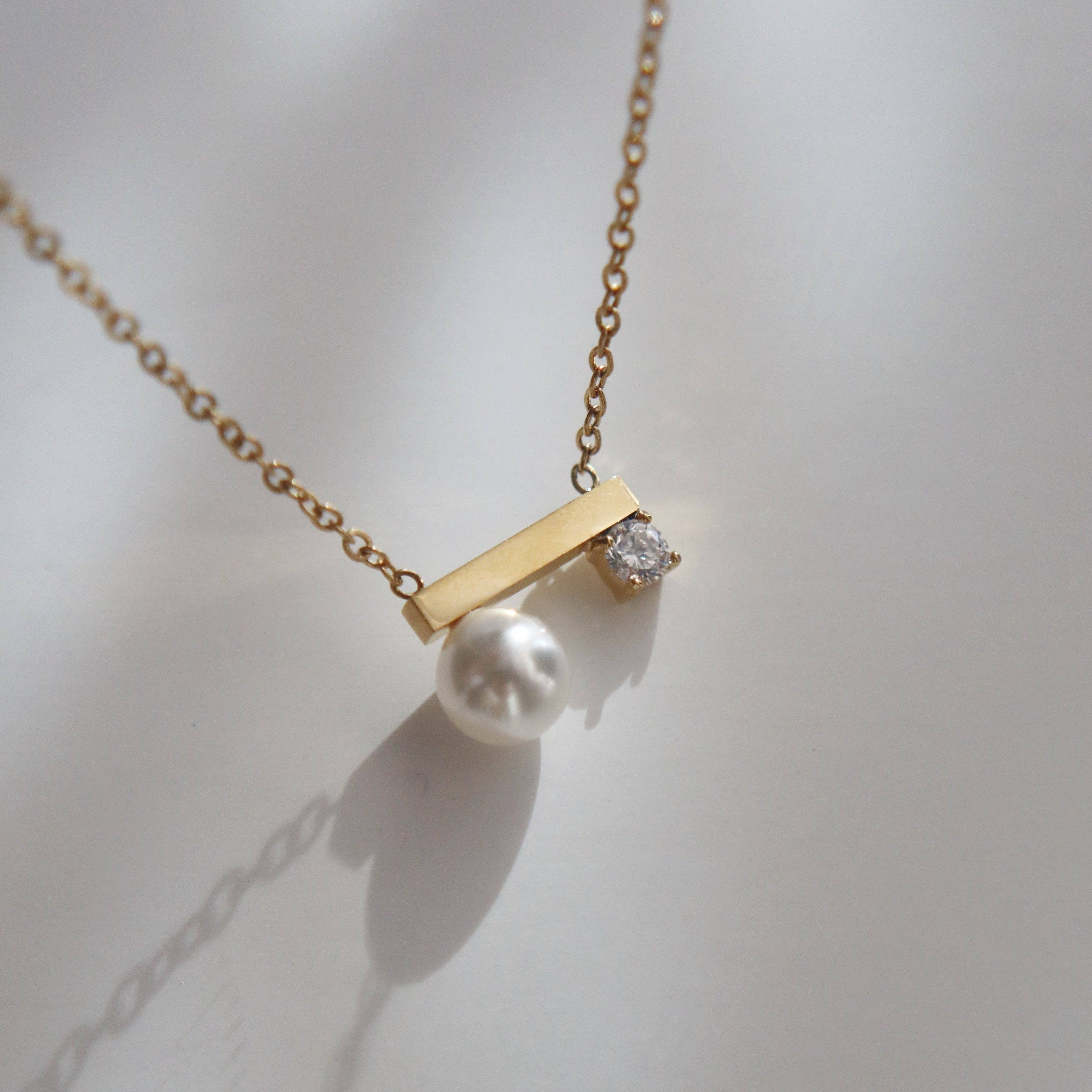 Pearl and CZ Bar Necklace