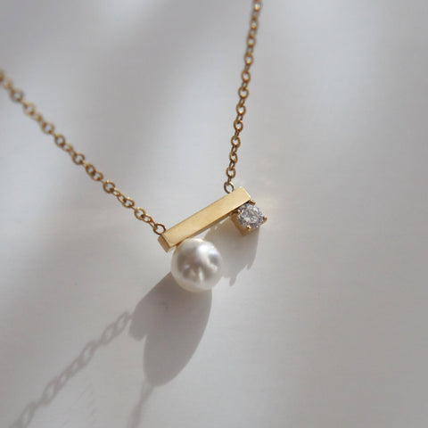 Pearl and CZ Bar Necklace