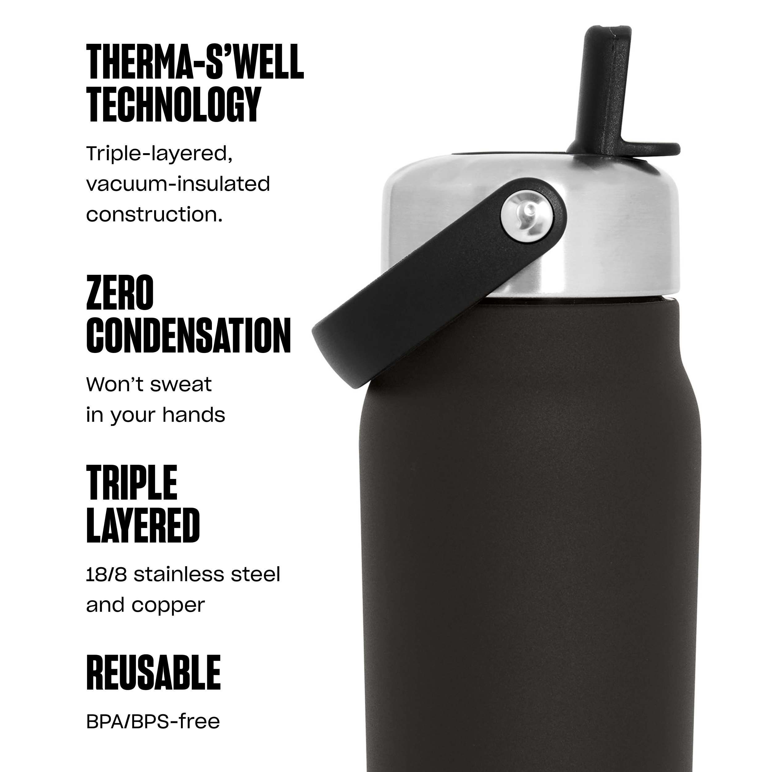 Black thermos bottle with features listed on a white background