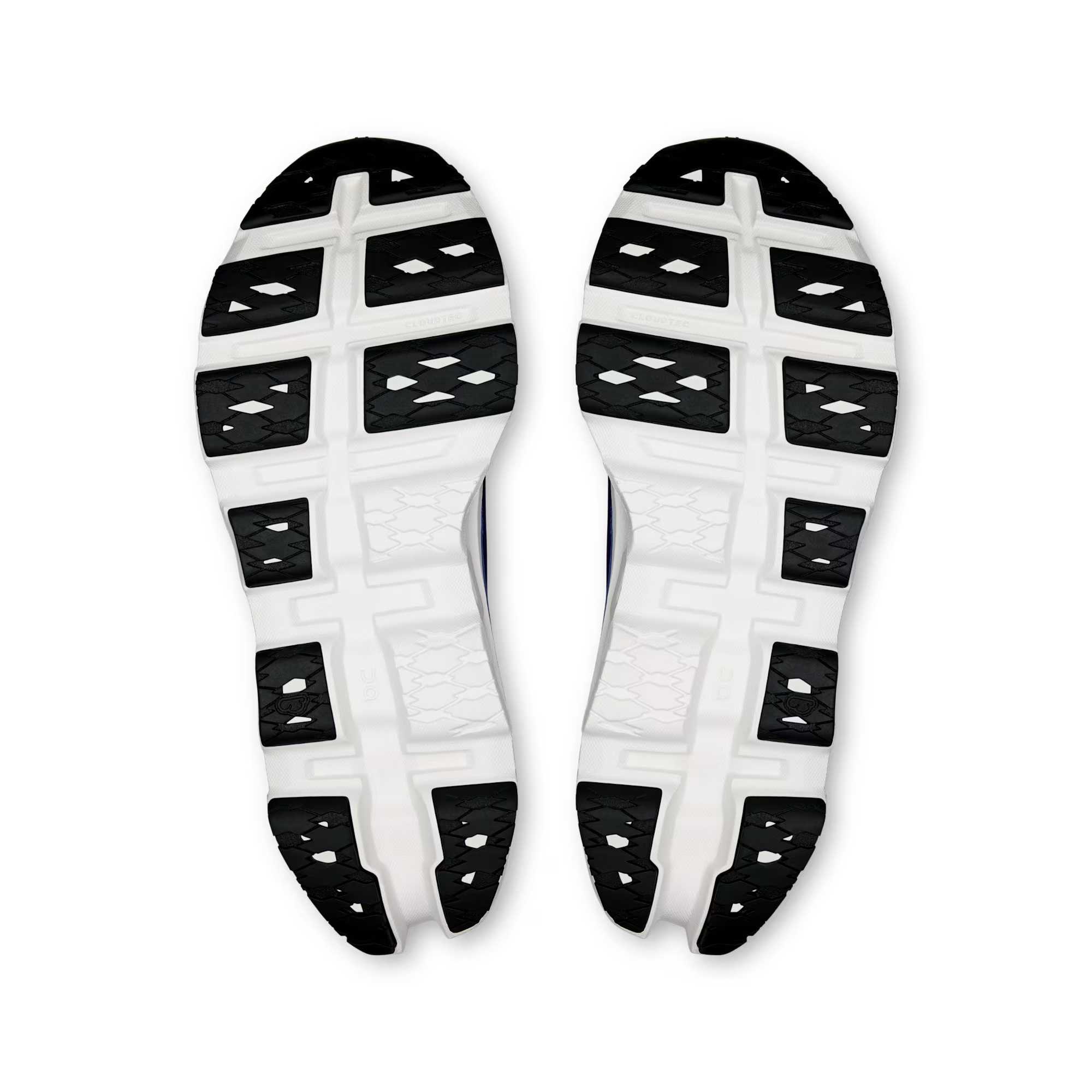 Close-up of a white shoe sole with black pattern on a transparent background
