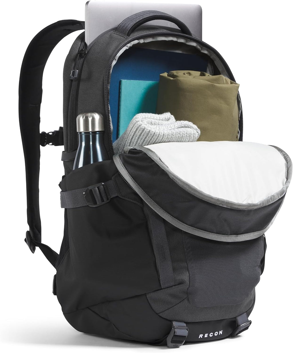 Black backpack with compartments containing a laptop, water bottle, and other items on a white background